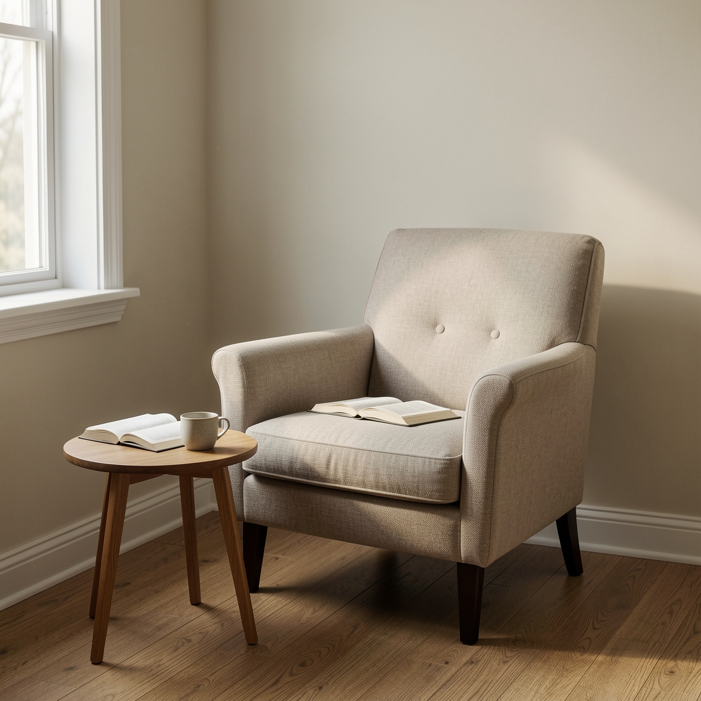 A quiet reading corner with natural light, a single armchair and a small table with a cup and open book