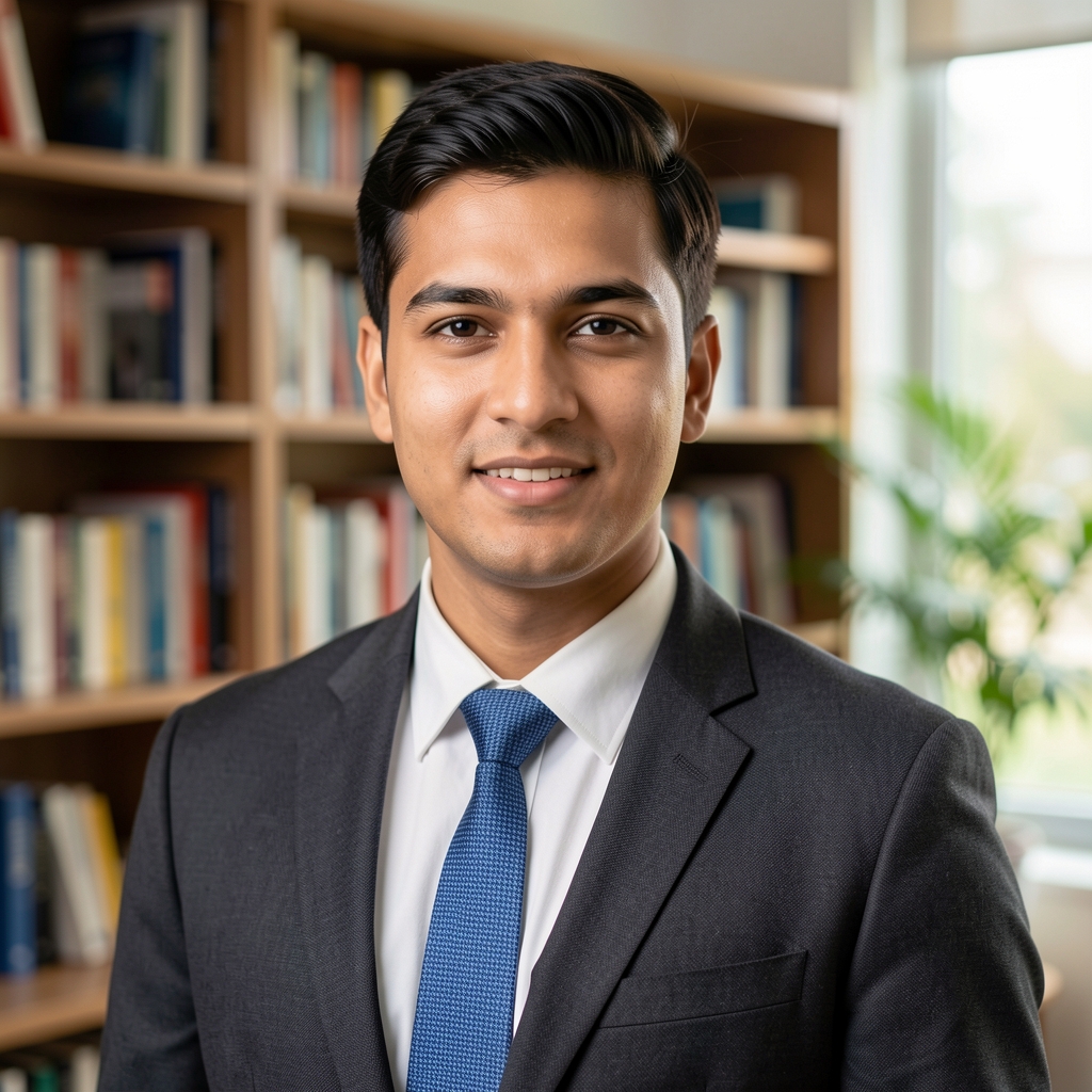 Portrait of Jasper Linwood, research editor at Taldorin Press, photographed in an editorial office setting with bookshelves behind