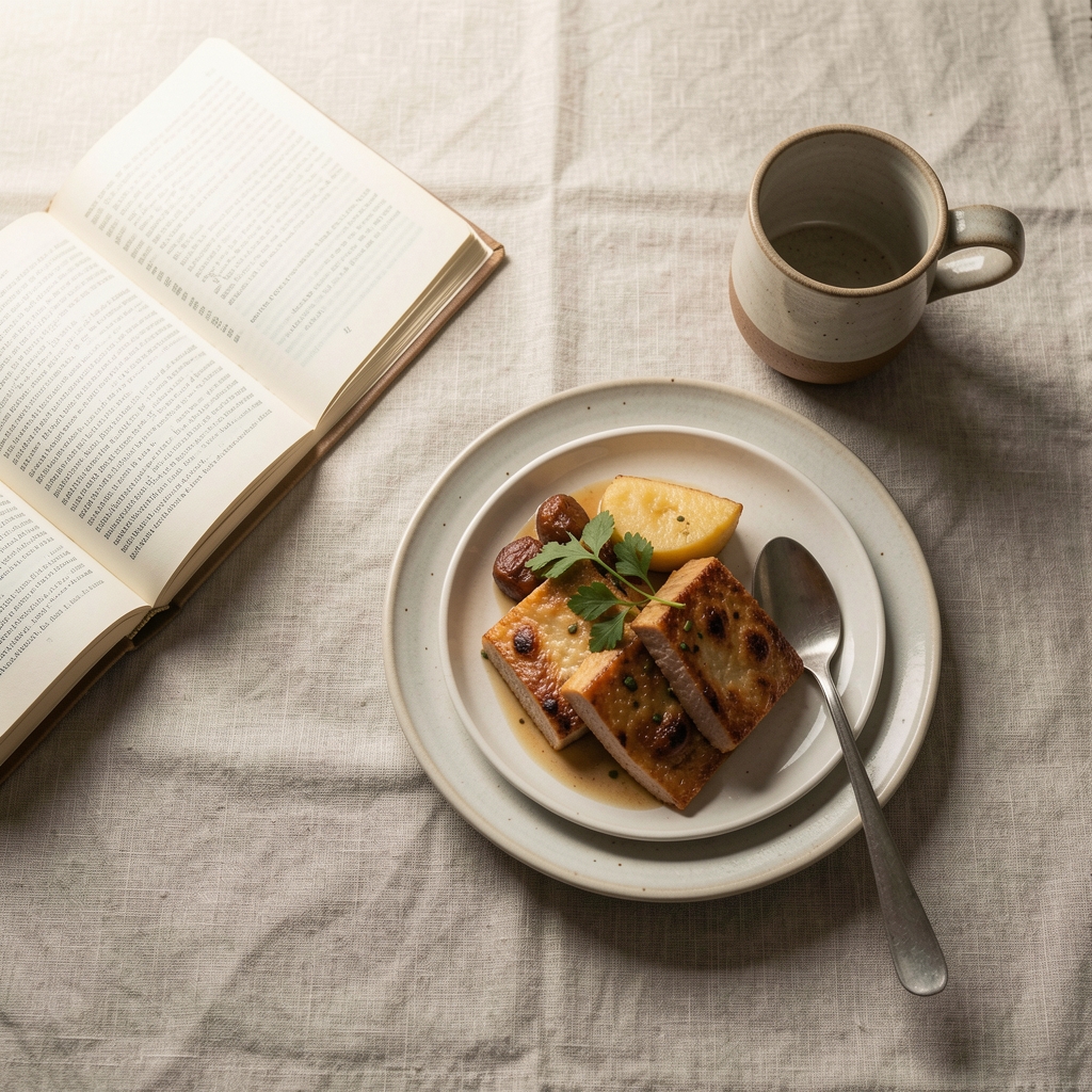 Overhead editorial view of a simple meal set on a linen tablecloth beside an open journal and a ceramic cup, soft natural morning light, quiet and contemplative atmosphere