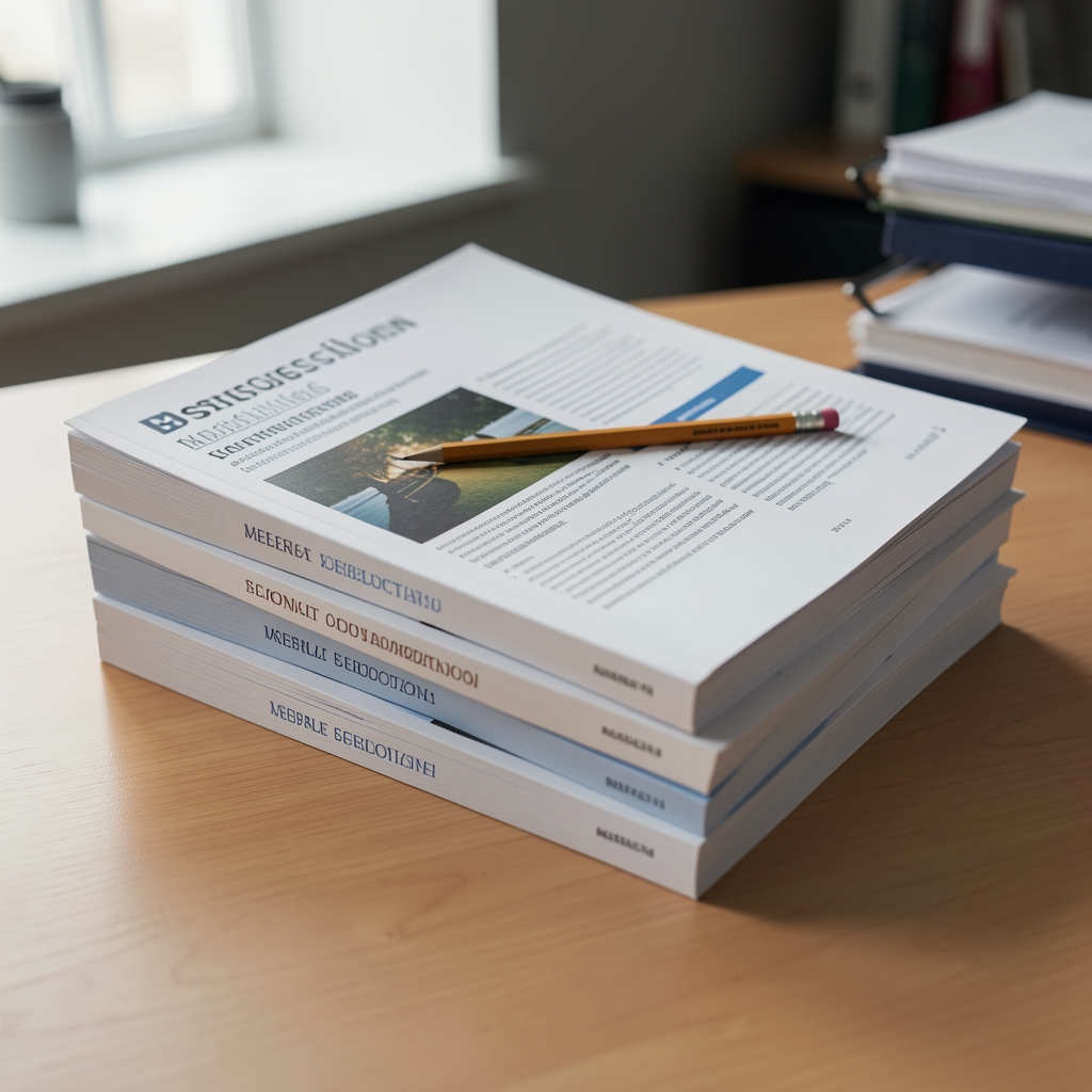 Stack of research publications and printed articles on a desk with a pencil resting on top, controlled workspace lighting